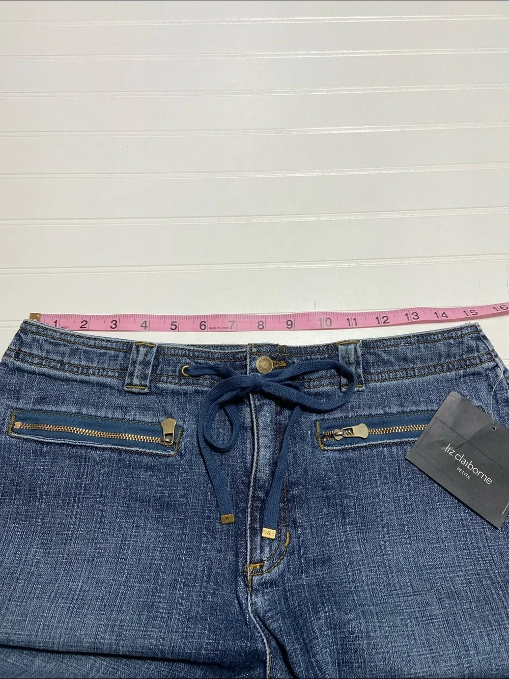 NWT Y2K Straight Leg Denim Capri Size 10P Drawstring Zip/Button Pockets Utility
